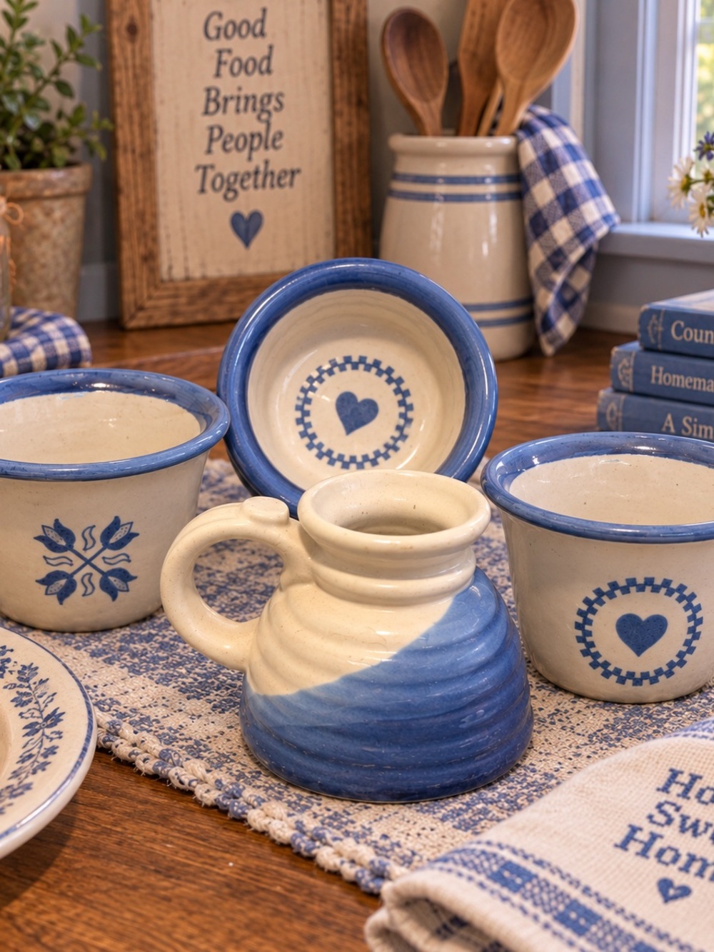 Vintage 1994 Brinker Pots Stoneware Cups + Blue Pottery Mug Set of 4